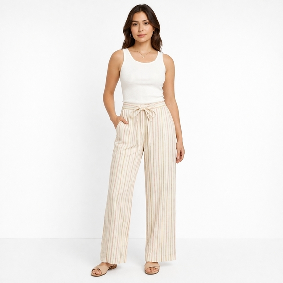 Dex Pants - Dex Cream Tan Tie-Waist Linen Blend Pants with Subtle Stripes Size Medium